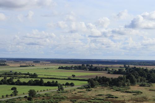 Free Aerial view of vast countryside fields and forests under a cloud-filled sky, capturing the serene beauty of rural nature. Stock Photo