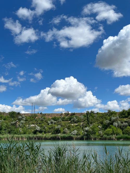 Free A tranquil riverside landscape with lush greenery and vibrant clouds under a bright blue sky. Stock Photo