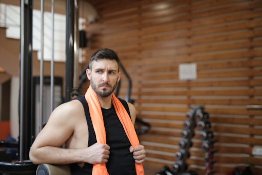 A muscular man in a gym resting with an orange towel. Indoor workout setting.