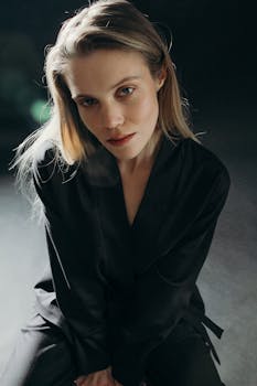 Sophisticated portrait of a stylish woman in a black fashion ensemble, with a serious and captivating expression.