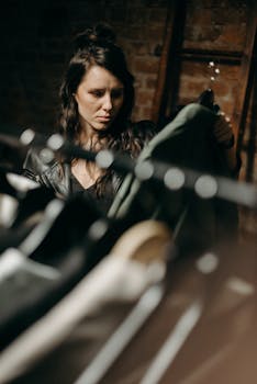 Woman in leather jacket looking at clothes on a rack in a boutique setting.