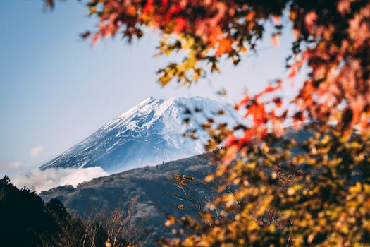 A serene view of Mount Fuji framed by vibrant autumn foliage under a clear blue sky.
