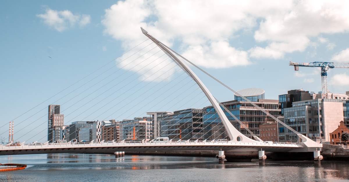 View of the iconic Samuel Beckett Bridge over the River Liffey in Dublin, Ireland.