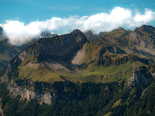Free Scenic view of the Swiss Alps in Morschach, featuring dramatic peaks and lush greenery under a vibrant sky. Stock Photo