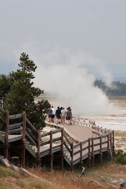 Free Visitors enjoy a scenic walk near a steaming geyser in Yellowstone National Park. Stock Photo
