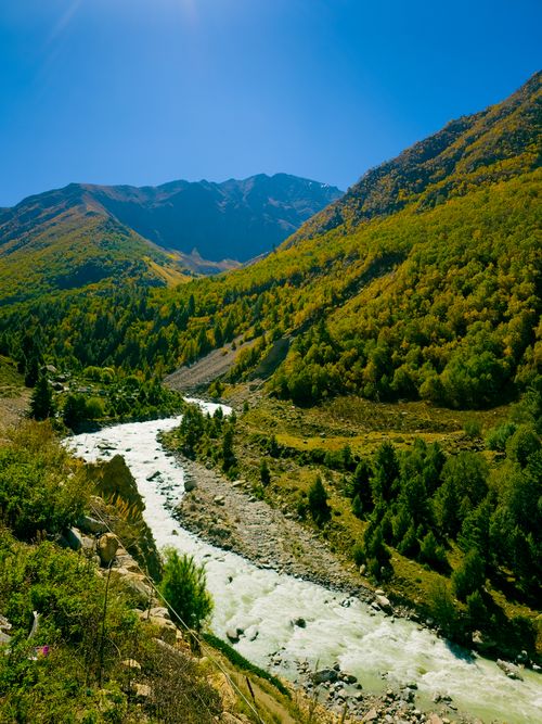 Free Explore the tranquil beauty of a lush mountain valley with a scenic river on a bright day. Stock Photo