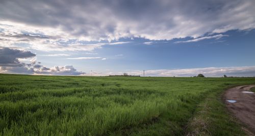Free Picturesque green field with cloudy sky, showcasing rural beauty and serene landscape. Stock Photo