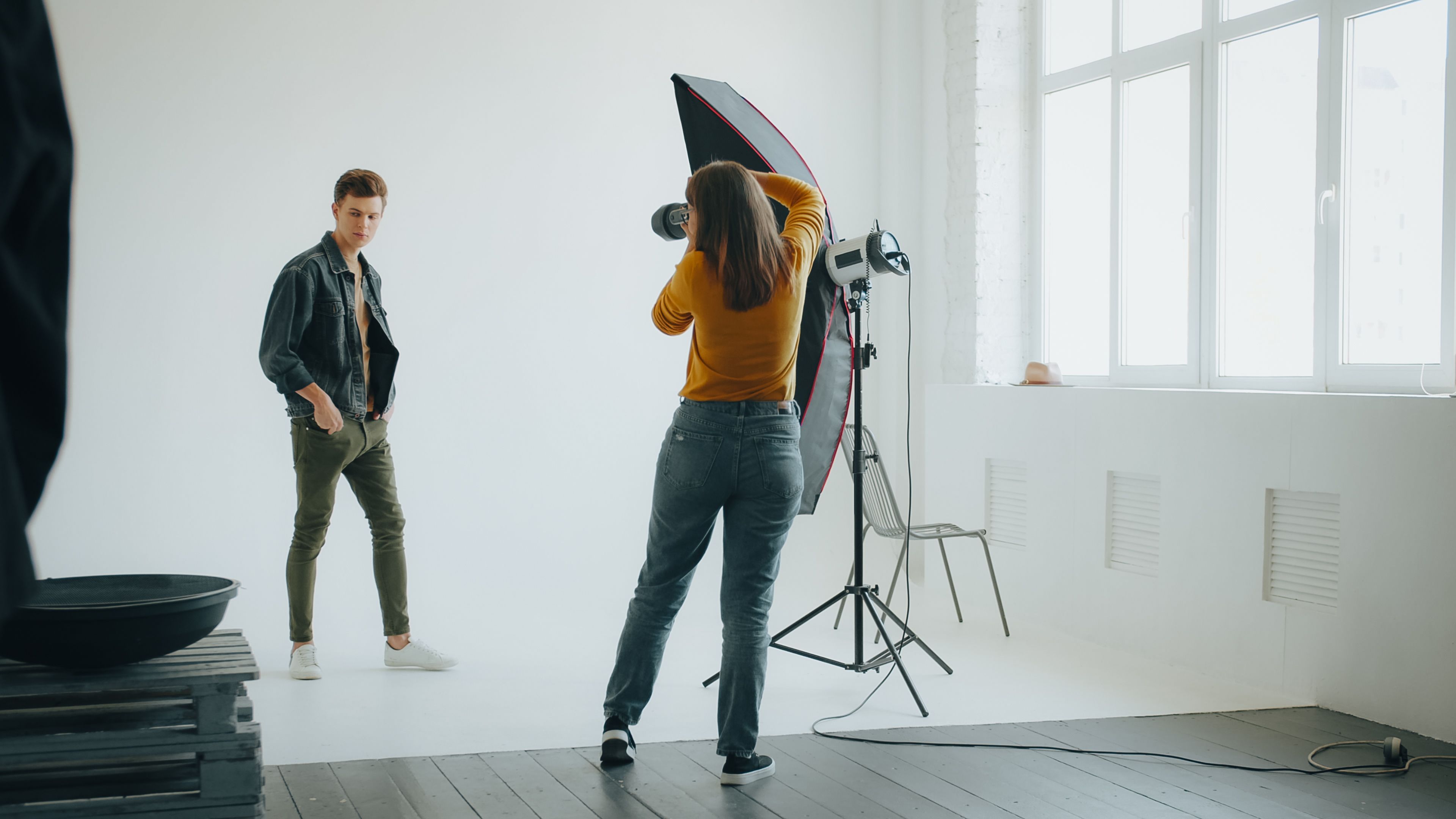 Professional studio workspace with lighting equipment