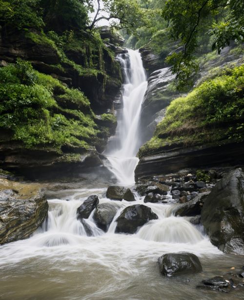 Free Majestic waterfall surrounded by lush greenery in Malavanthige, Karnataka, India. Stock Photo