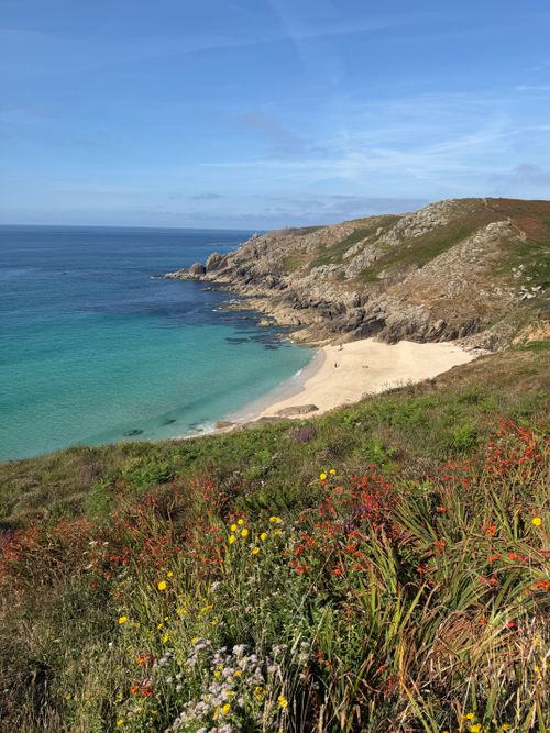 Free Serene coastal landscape with clear blue sea and vibrant wildflowers on a rocky cliff. Stock Photo