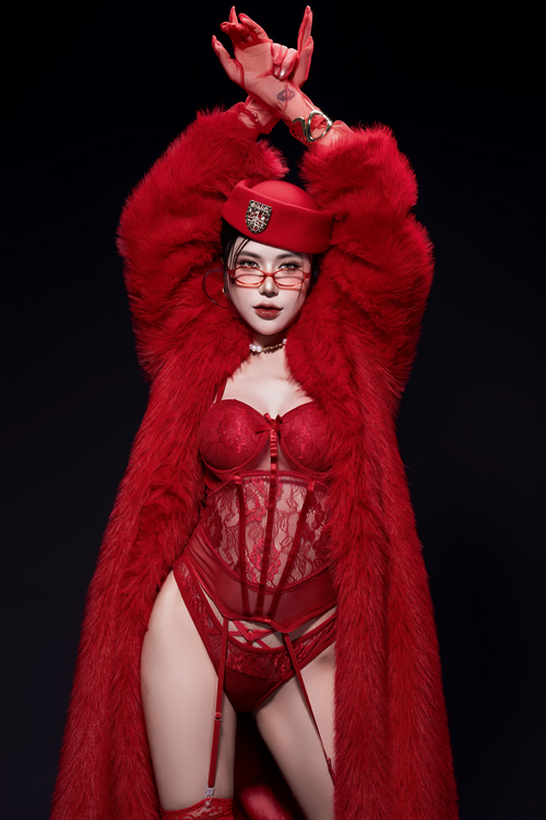 Free Stylish woman in a red fur coat and lingerie, posing confidently against a dark backdrop in a fashion-forward outfit. Stock Photo