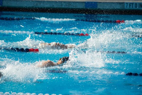 Free Intense swimming race moment captured with athletes in action in a pool setting. Stock Photo