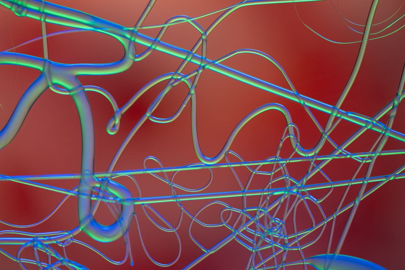 Vibrant abstract art with fluid blue-green lines over a red backdrop, showcasing modern design.