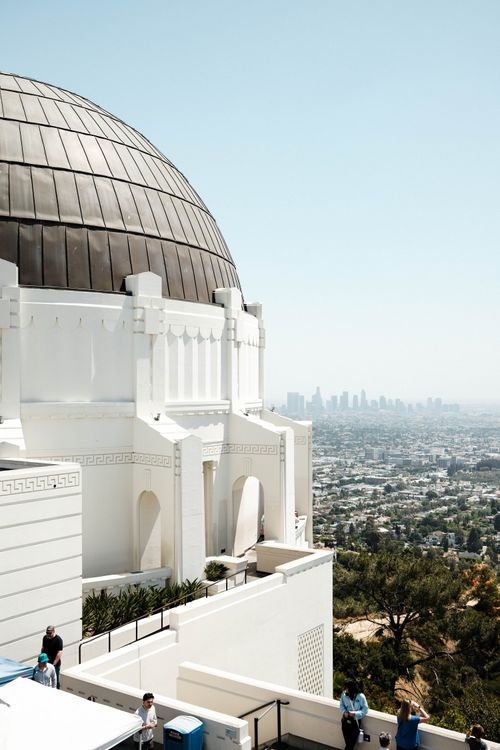 Free View of Griffith Observatory and Los Angeles skyline on a clear day. Stock Photo