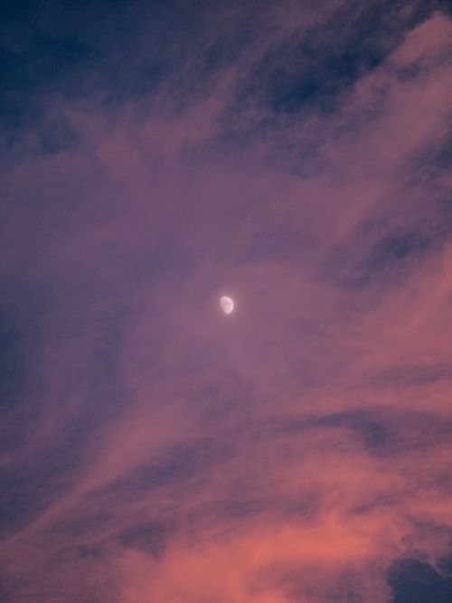 Free A tranquil evening sky with a crescent moon and soft pink clouds. Stock Photo