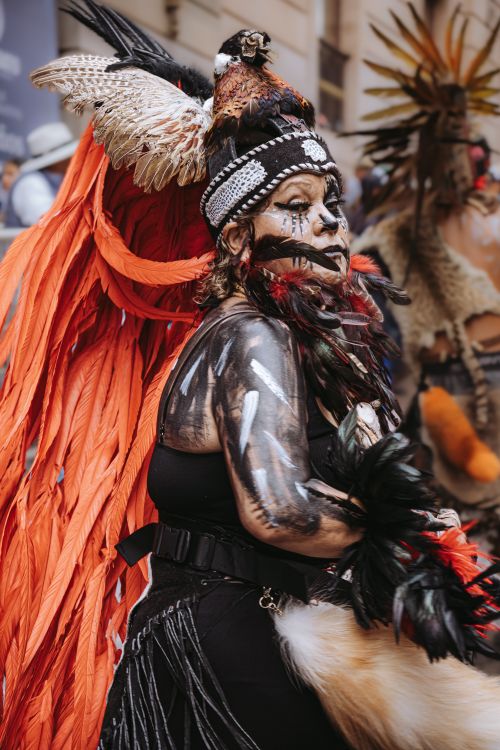 Free A vibrant traditional costume with feathered headdress at a parade in Guanajuato, Mexico. Stock Photo
