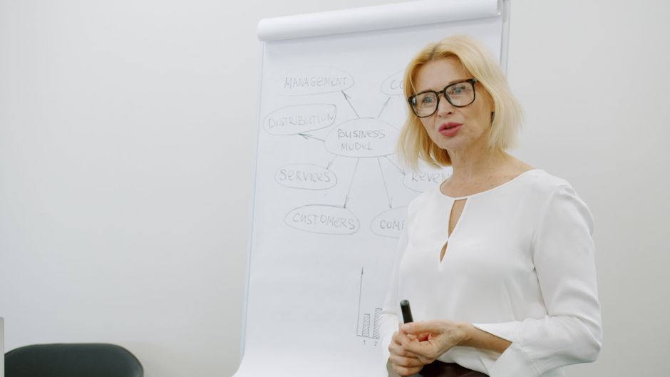 Mujer profesional presentando un modelo de negocio durante una reunión en interiores.