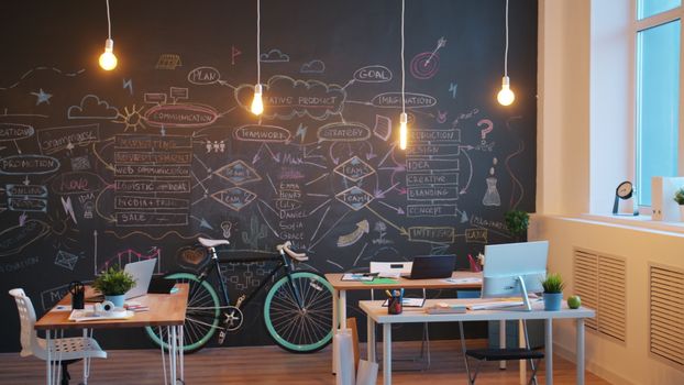 Modern office with chalkboard brainstorming ideas and hanging lights.