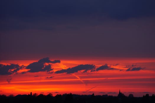 日落令人惊叹，生动的橙色与剪影交织，营造出戏剧性的晚间景致