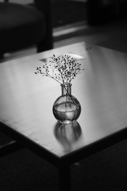 Free A simple black and white photo of a vase with flowers on a table, capturing minimalist elegance. Stock Photo