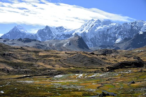 Free Breathtaking panorama of snow-covered peaks in the Andes with expansive highland terrain. Stock Photo