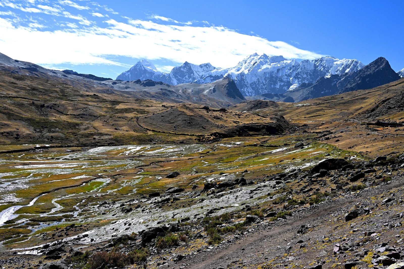 A high Andean valley below snow peaks in Peru