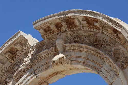 Free Close-up of the detailed carvings on an ancient arch in Ephesus, Turkey. Stock Photo