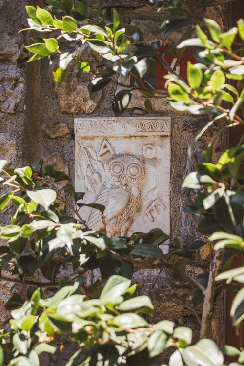 Free Stone carving of an owl nestled in foliage, showcasing ancient artistry in a natural setting. Stock Photo