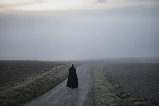 A lone person in a dark coat walks down a foggy rural road, surrounded by misty fields.