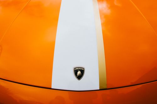 Free Detailed view of an orange Lamborghini hood with a distinctive white stripe and emblem. Stock Photo