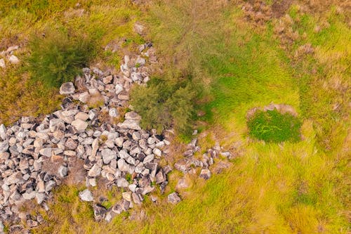 Aerial Shot Of Grass Field And Rocks