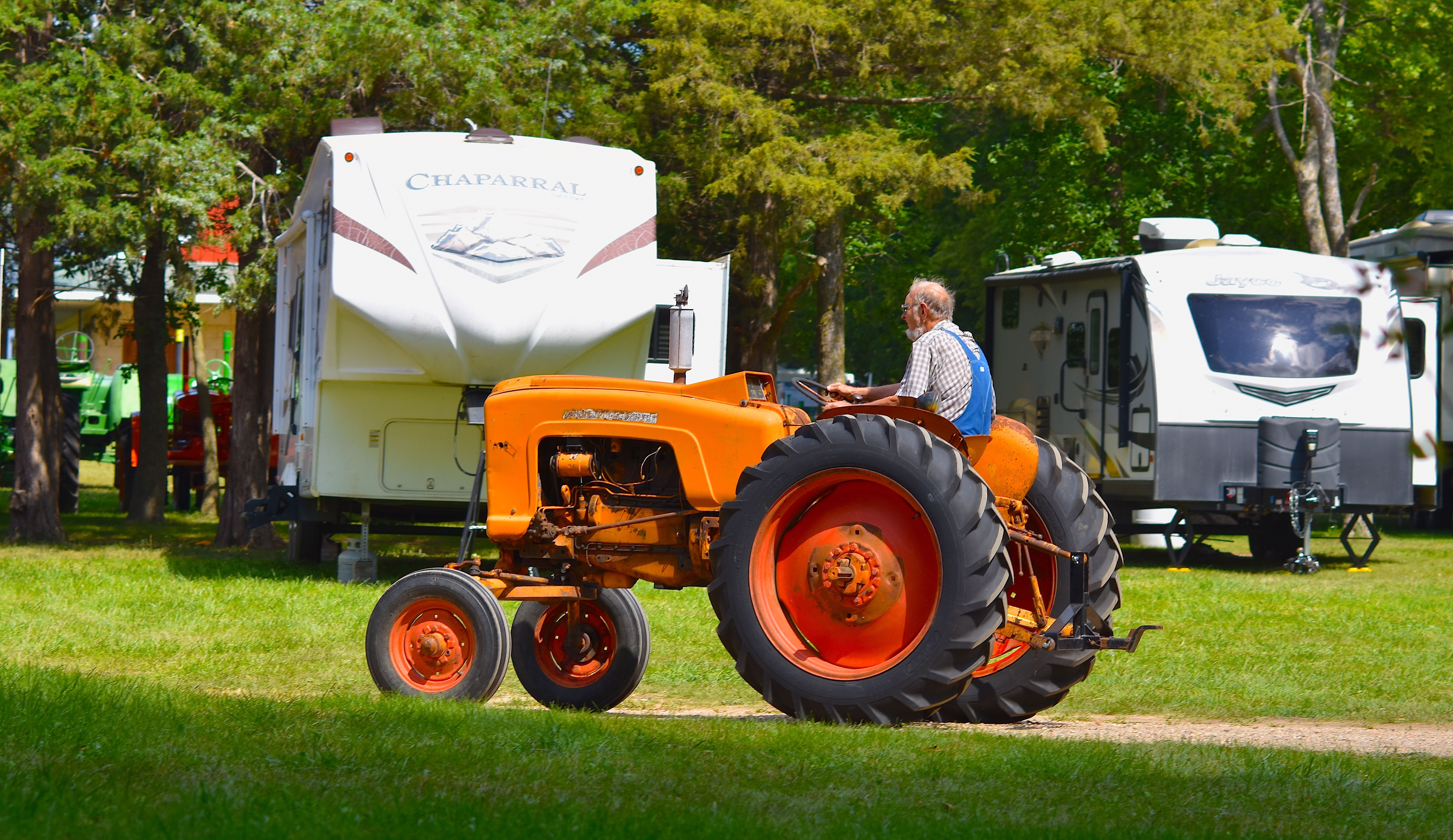 An RV parked at a scenic farm through a dry camping network