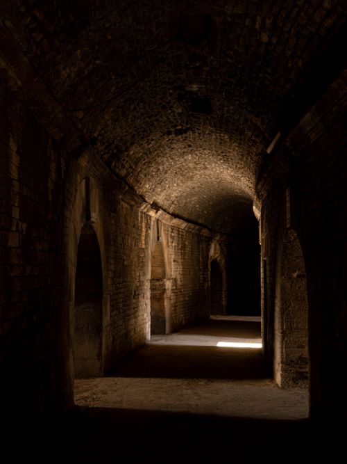 Free Dimly lit ancient arched corridor in Arles, showcasing historic architecture and shadow play. Stock Photo