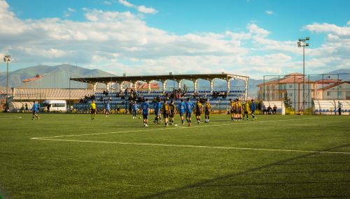 Free An outdoor soccer game with teams playing on a grass field in Malatya, Türkiye. Stock Photo