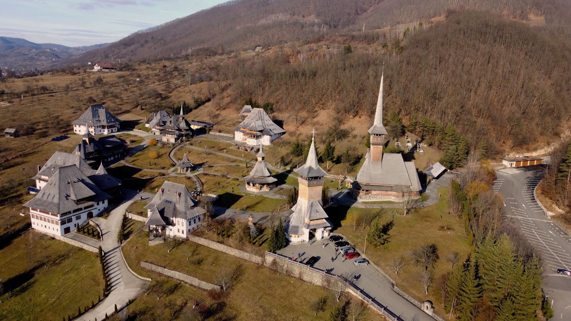 Aerial view of Bârsana Monastery and the Maramureș landscape.