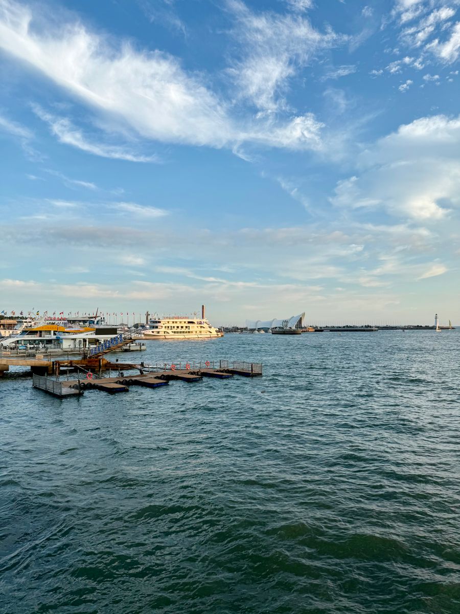 Qingdao's bay waterfront with piers and the working port beyond