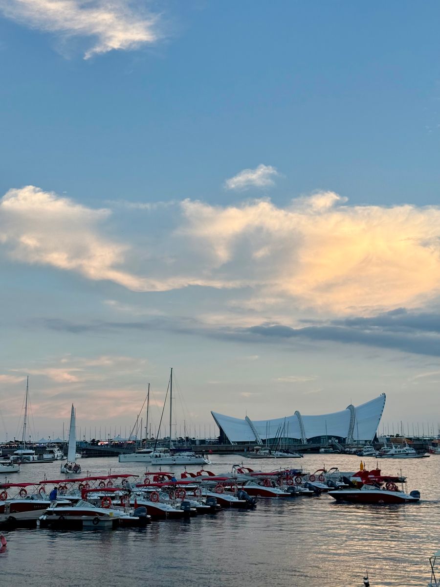 Sailing boats moored at the Qingdao Olympic Sailing Center marina at dusk