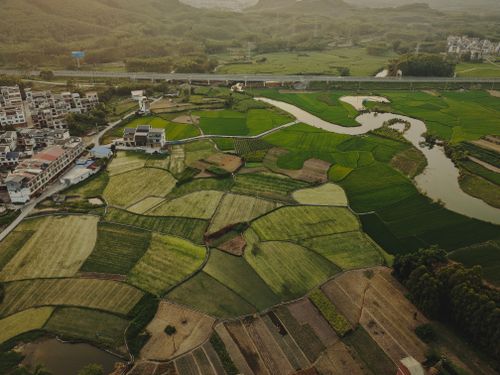 Free Aerial photograph showcasing vibrant green patchwork fields next to a village. Stock Photo