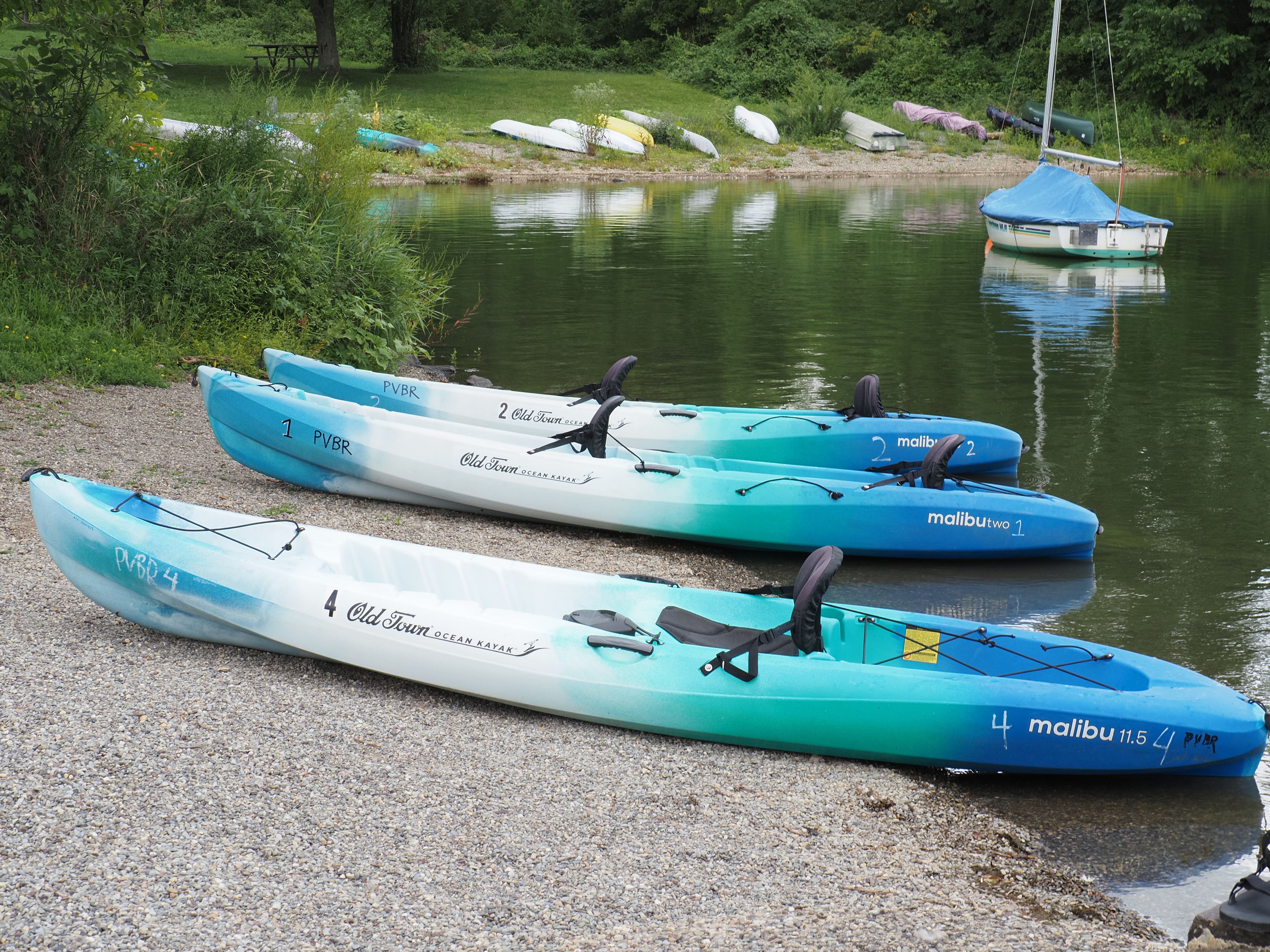 Colorful kayaks lined up beside a tranquil lake