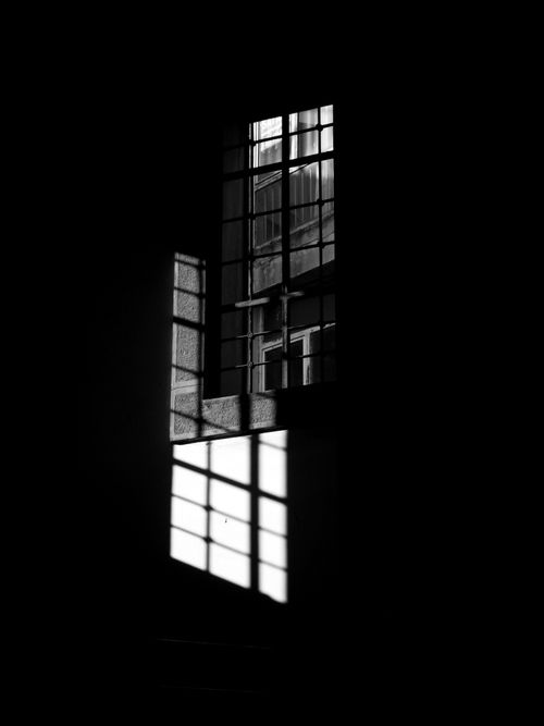 Free A striking black and white image of a window creating intricate shadows on a wall. Stock Photo