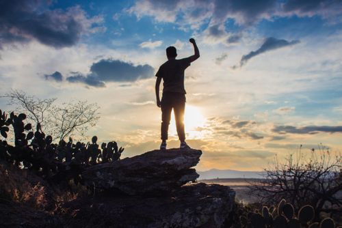 Free Silhouette of a man standing victoriously on a rock at sunset with clouds in the background. Stock Photo