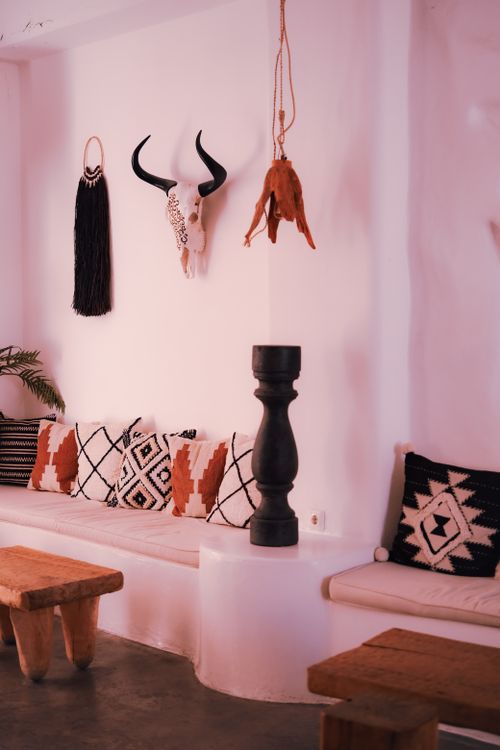 Free Chic bohemian style living room with rustic and tribal elements. Stock Photo