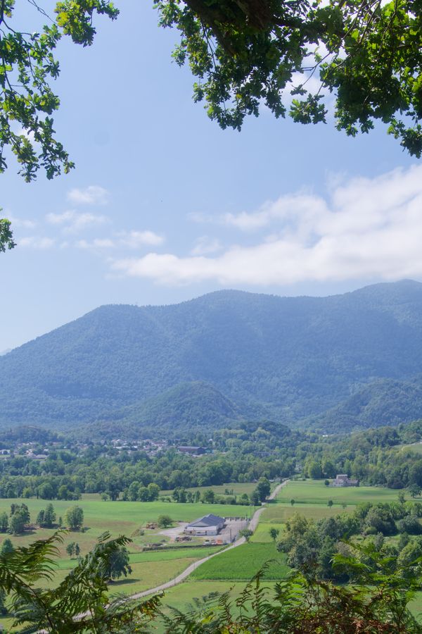Contreforts des Pyrénées encadrés de feuilles de chêne, près de Pau
