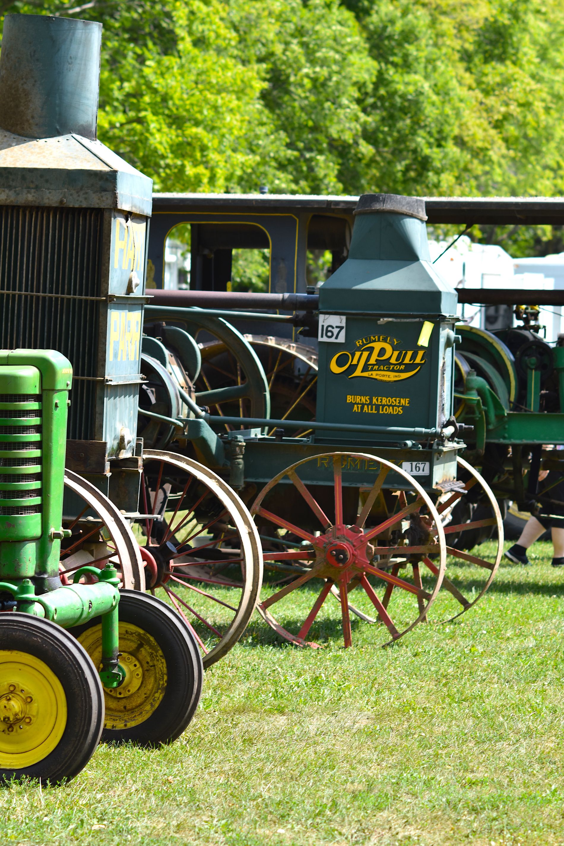 Row of classic tractors on display