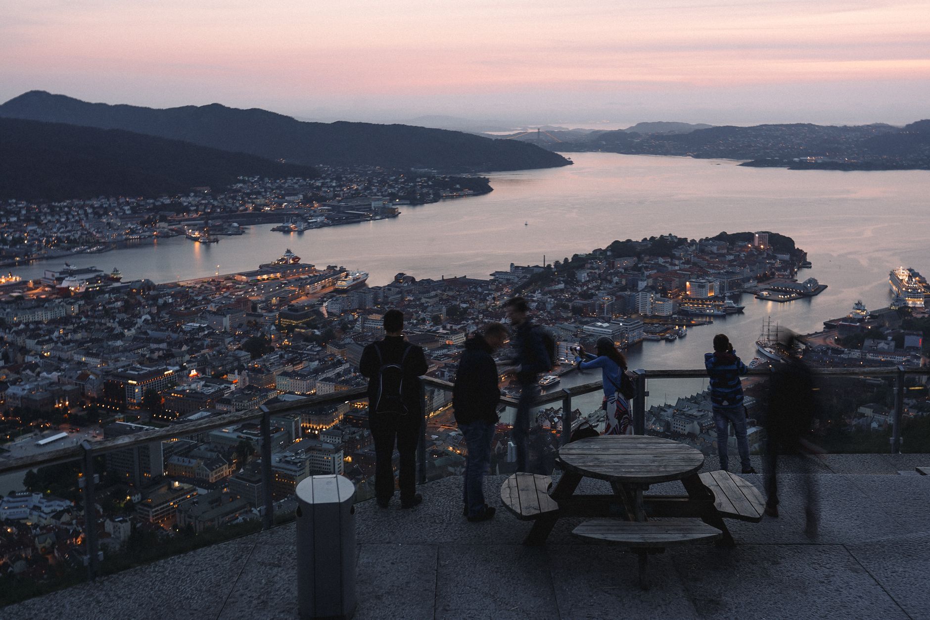 Panorama over Bergen and its harbour from the Fløyen viewpoint at dusk, Norway