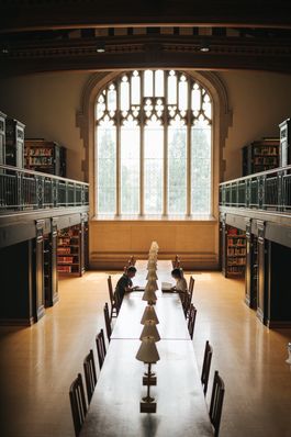 Free Students studying in a historic library at Vassar College, capturing the warm and scholarly atmosphere. Stock Photo