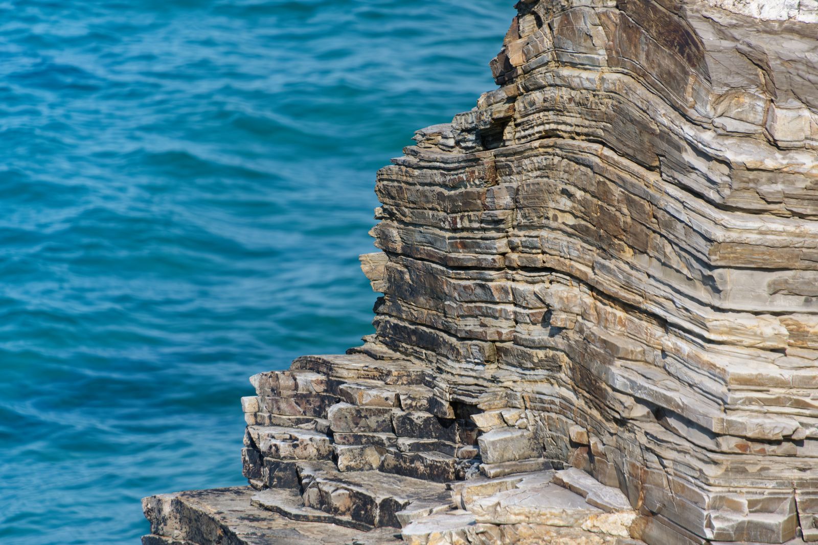 Falaise stratifiée plongeant dans une mer turquoise