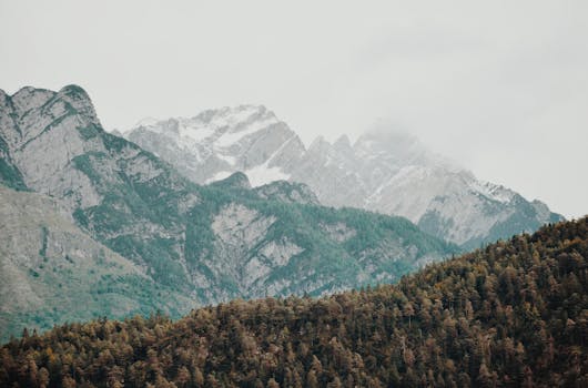 Stunning view of a forested mountain range with snow-capped peaks under a cloudy sky.