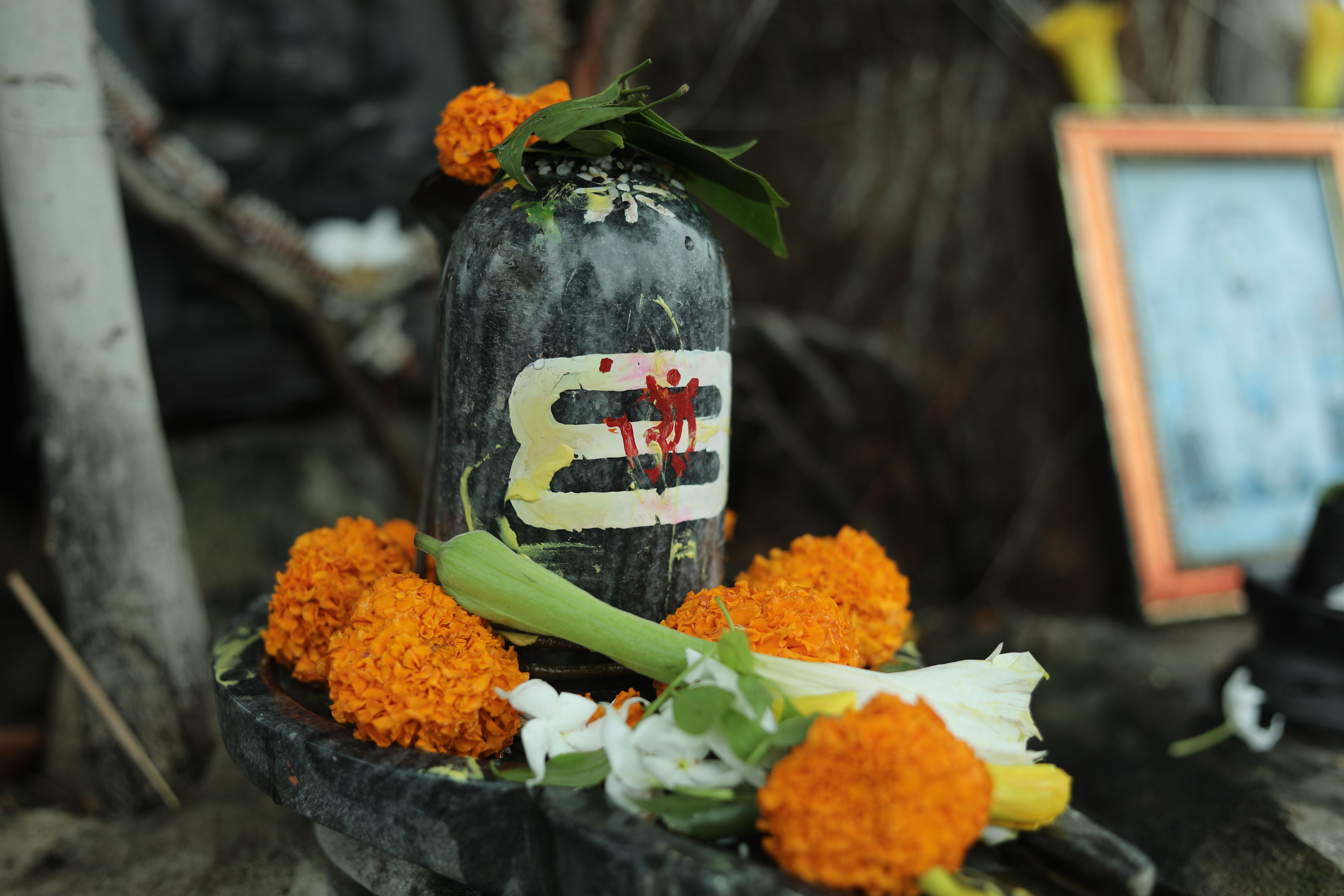 Shiva lingam marked with three white lines and a red mark, surrounded by orange marigolds and white flowers