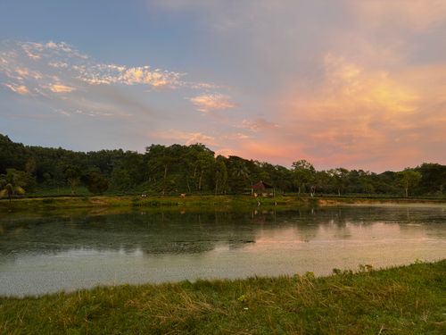 Free Peaceful lakeside view with vibrant sunset skies, lush greenery, and calm waters reflecting the serene landscape. Stock Photo